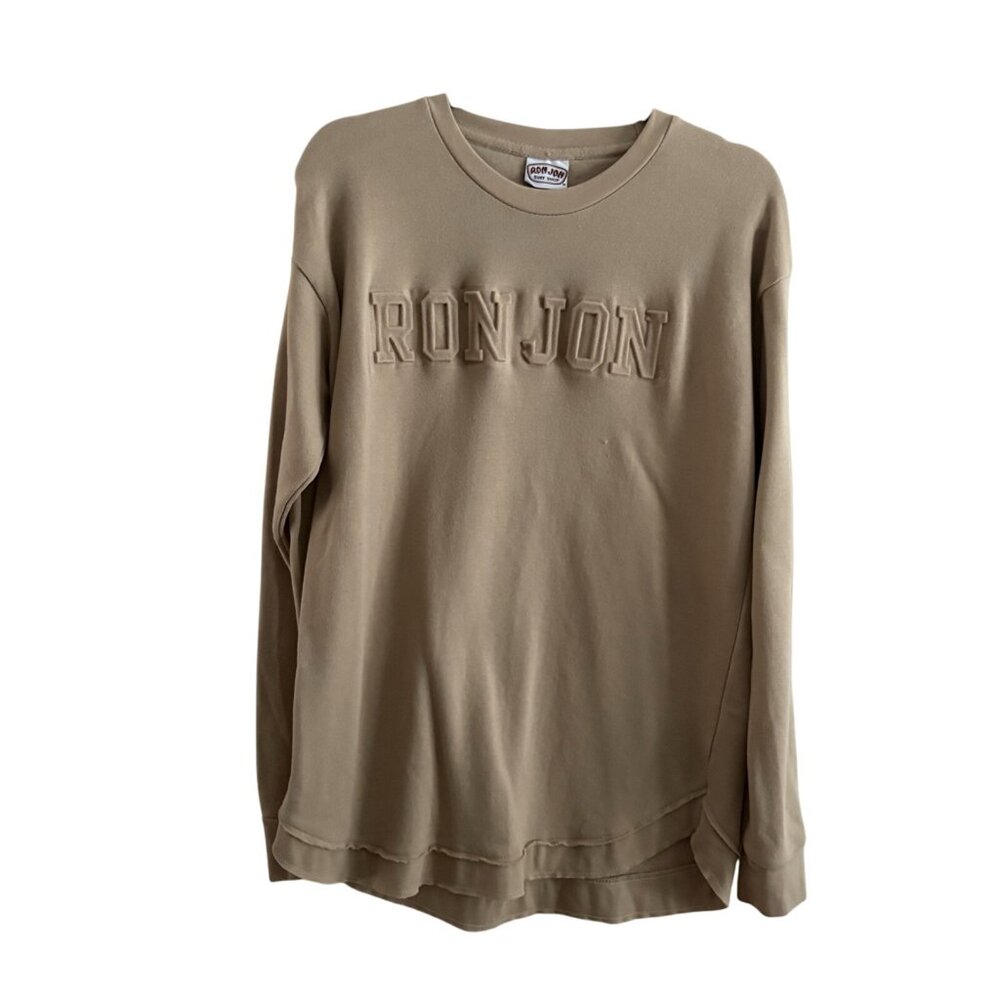Ron Jon Men SZ S Tan Raised Textured RON JON Crew Neck Long Sleeve Sweatshirt